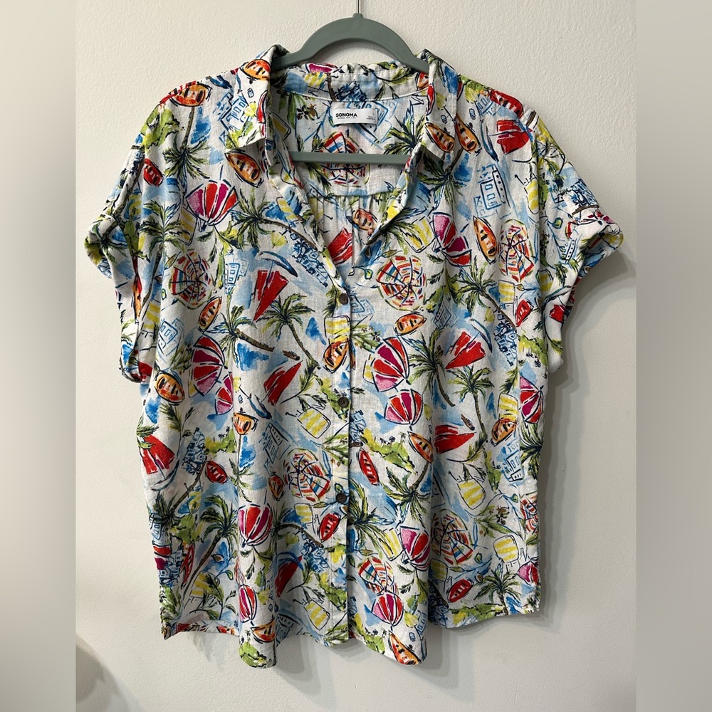 Sonoma Women’s Linen Tropical Print Short Sleeve Button-Up Shirt Multicolor L